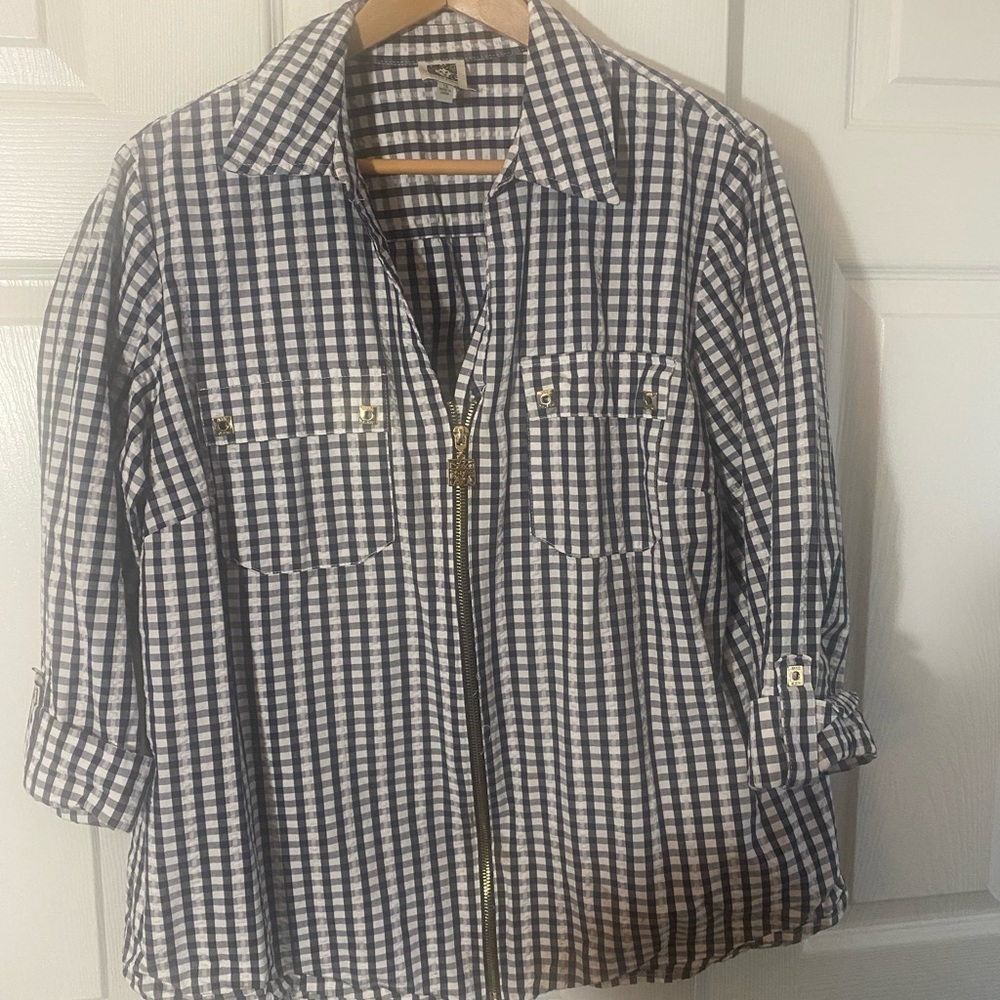 Vintage zip up plus size 1X  XL Anne Klein blue & White Checkered Utility top